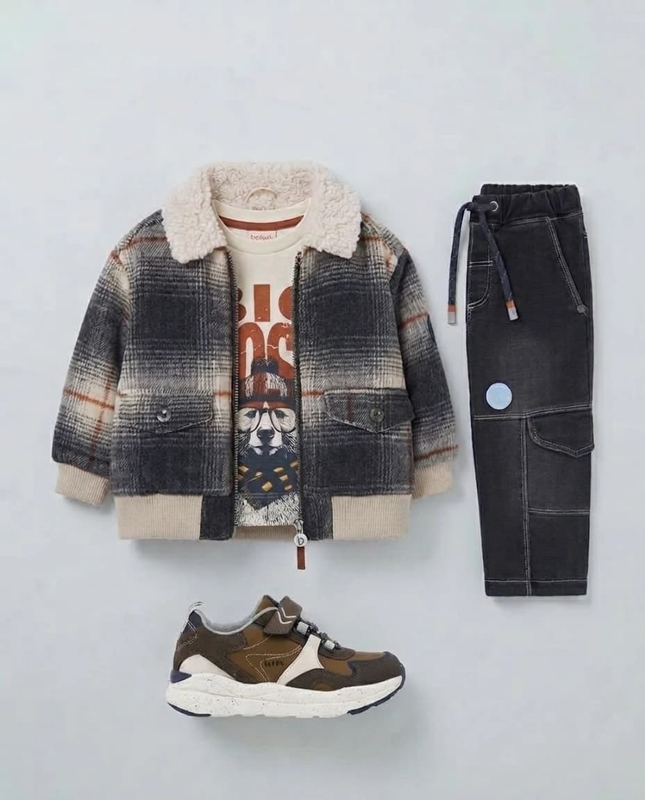 Περιλαμβάνει:Καρό Τζάκετ / Μπουφάν: Με ζεστό γούνινο γιακά (sherpa), κλείσιμο με φερμουάρ και τσέπες στο στήθος. Βαμβακερή Μπλούζα: Μακρυμάνικη, 100% βαμβακερή σε off-white απόχρωση με στάμπα "Big Boss". Παντελόνι Φόρμας Cargo: Σε σκούρο γκρι τόνο με ελαστική μέση, κορδόνι προσαρμογής και πλαϊνές τσέπες. Αθλητικά Sneakers: Μοντέρνα παπούτσια με αντιολισθητική σόλα σε καφέ/μπεζ/μπλε αποχρώσεις. 👉 Styling Tip: Φορέστε τα κομμάτια μαζί για μια ολοκληρωμένη εμφάνιση ή συνδυάστε το καρό τζάκετ με το αγαπημένο του τζιν!