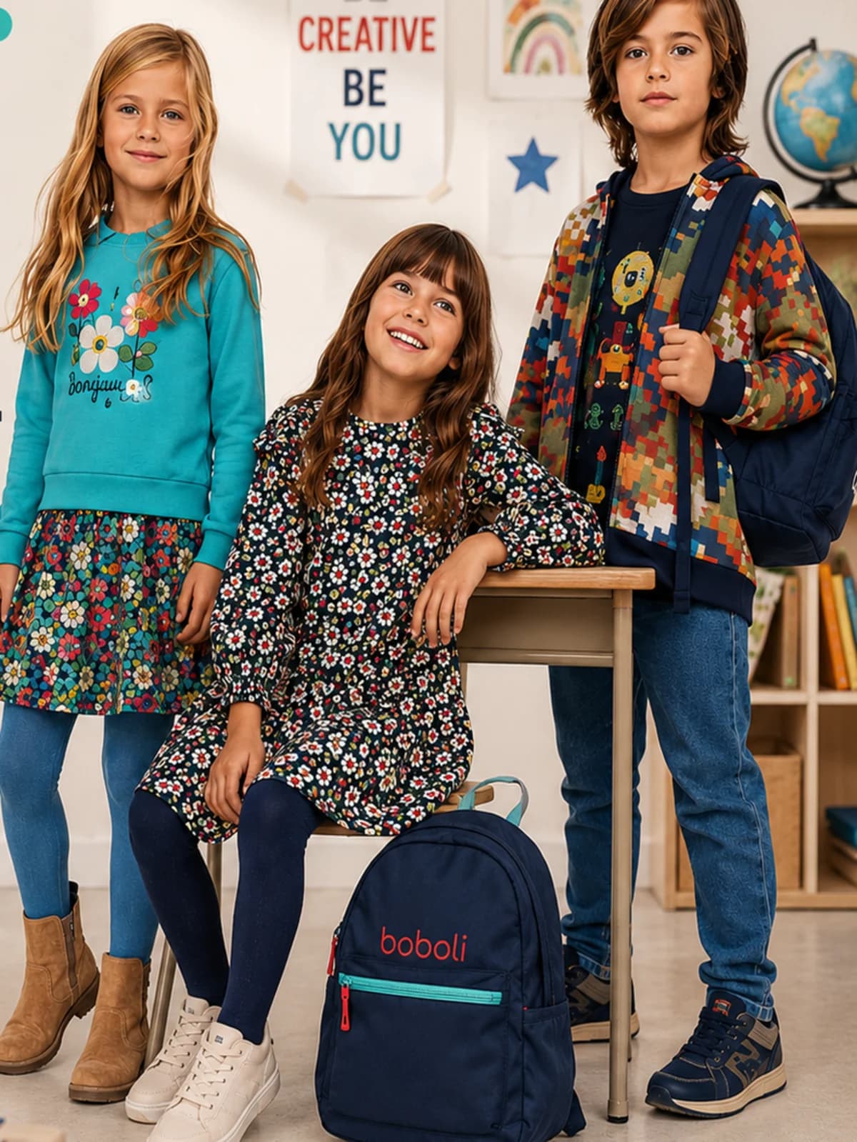 Τρία παιδιά με χειμωνιάτικα ρούχα Boboli σε σχολική τάξη